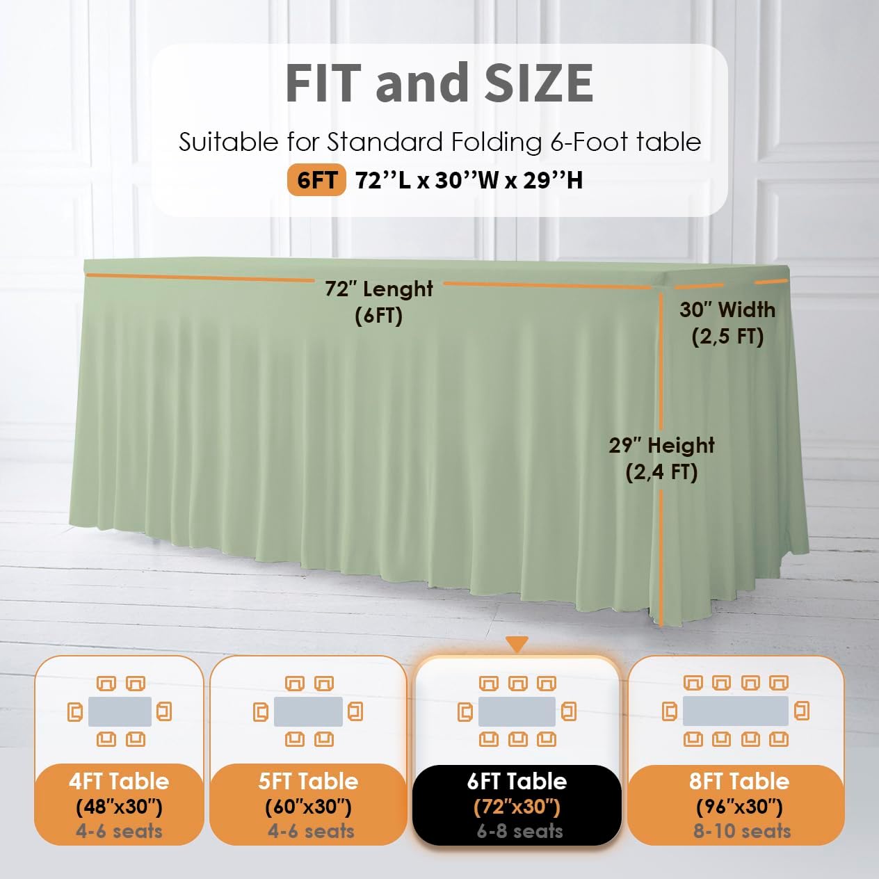 Your Magic Moment Sage Green Table Cloth Rectangle Table Skirts - Spandex Covers 6 ft 2pcs Banquet Linen Tablecloth - Green Party Decorations Décor