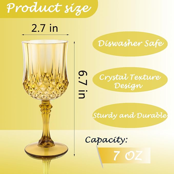 Plastic Wine Glasses, Plastic Goblets Vintage Style Cordial Unbreakable Drinking Glasses, Reusable Drinkware for Wedding Reception, Grand Event Party Supplies, Easter (24, Gold)