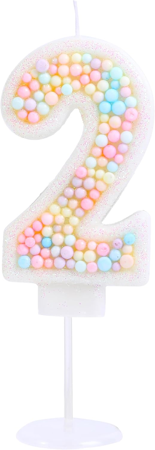 EAKE Number 2 Birthday Candle 3D Macaron Glitter Pastel 2 Candle Birthday Girl Women Sweet Theme 2nd Birthday Wedding Anniversary Party Cake Decoration