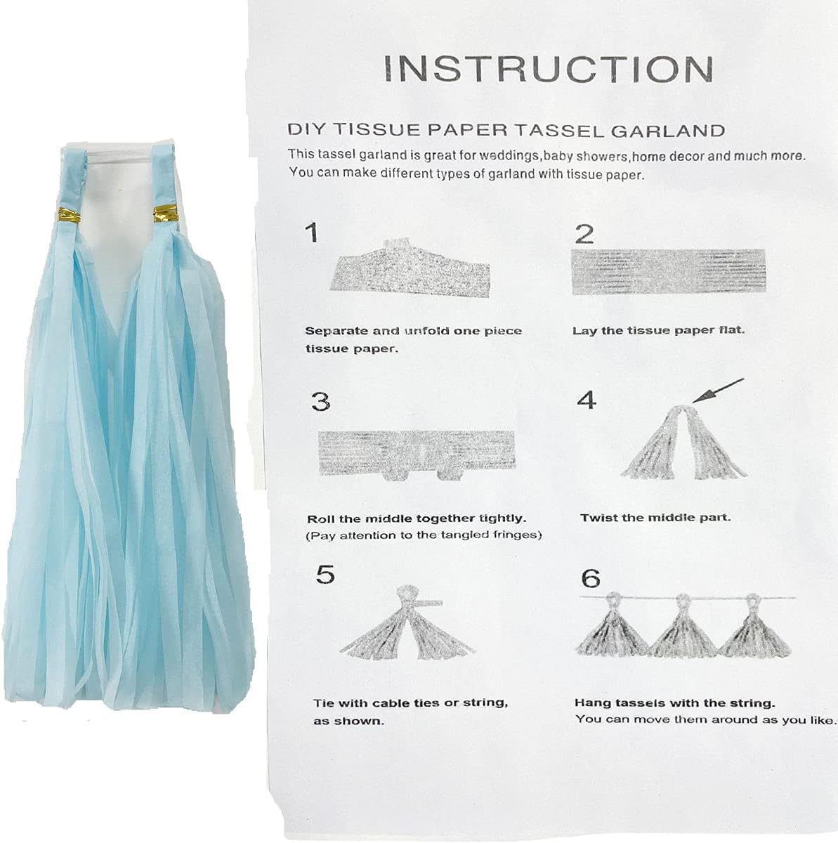 Tissue Paper Tassels Garland Banner Table Decor Party Banner Wedding Birthday Baby Shower Nursery Party Decorations (20, Lt-Blue)