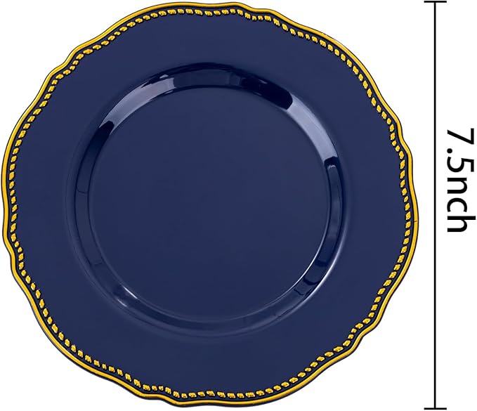 Hioasis 60pcs Blue Plastic Plates - Blue and Gold Disposable Dinnerware with Gold Rim, Heavy-duty, 7.5 inch, Dessert Plates for Party & Christmas