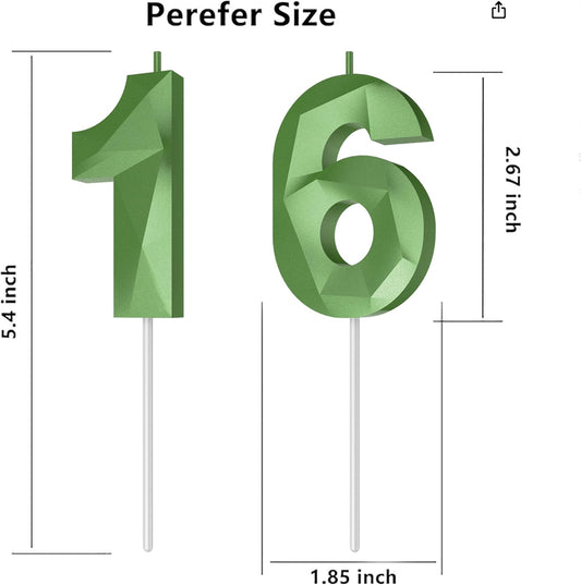 Number Birthday Candles(16 Candle Green) 3D Diamond Shape Number Happy Birthday Cake Candles for Birthday Party Wedding Decoration Reunions Theme Party