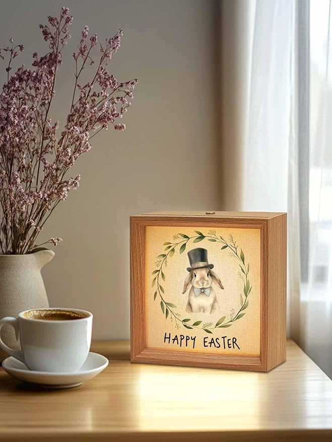 Happy Easter Bunny Garland Wooden LED Night Light USB Rechargeable Dimmable Touch Table Light for Home Decor Eucalyptus Leaf Retro Linen Wood Picture Frame Box,6.5X6.5IN