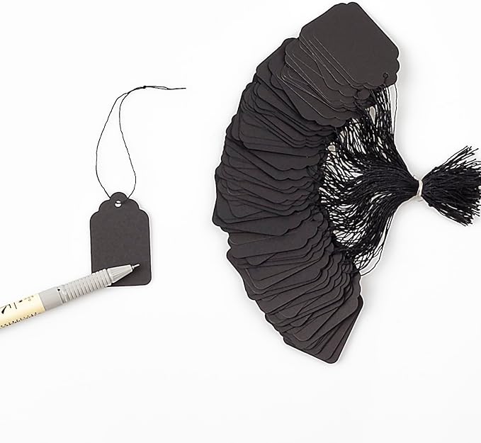Pack of 500 Paper Tags with String Attached for Storage Baskets,Jewelry, Clothing(Black,1.88"x1.18")