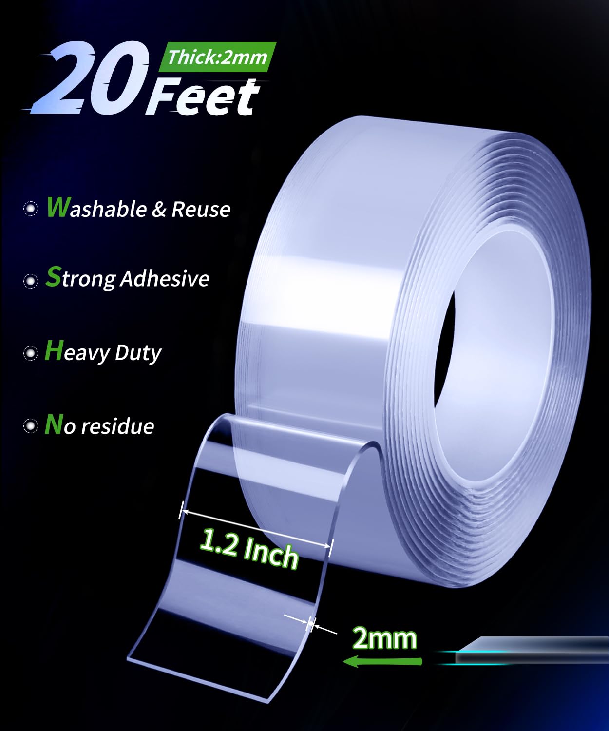 Large Double Sided Tape Heavy Duty, Mounting Tape Strong Adhesive, Wall Tape for Hanging Clear Removable No Damage, Fits Decor & Poster, 20Ft 1.2" Wide