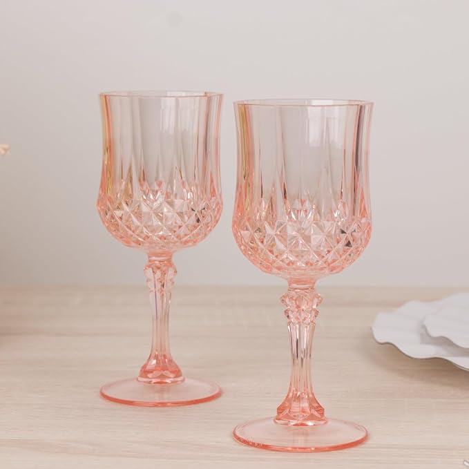 Efavormart 6-Pack Plastic Wine Glasses 8oz, Transparent Blush - Crystal Cut Shatterproof Cocktail Goblets Drinking Glasses