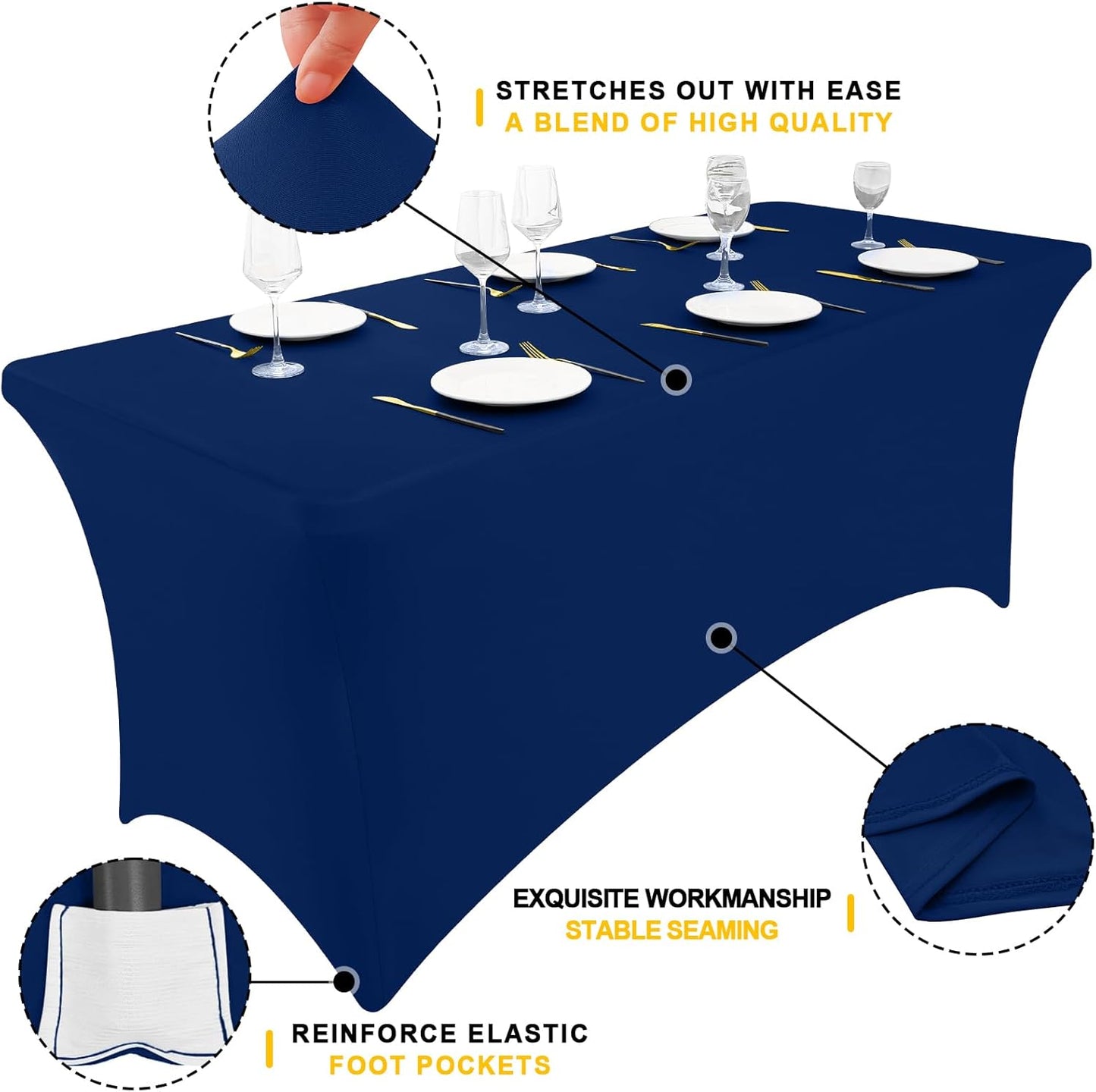 Smiry 2 Pack Spandex Table Cloth 8FT, Elastic Fitted Stretch Tablecloths, Washable and Wrinkle Free Rectangular Patio Table Cover for Outdoor, Wedding, Banquet & Parties (Navy, 96Lx30Wx30H Inch)