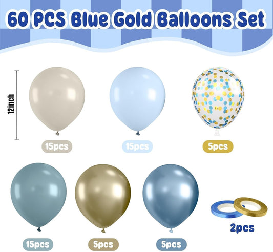 Paready Blue Balloons Set, 60Pcs Blue and Gold Balloon, 12 Inch Confetti Baby Blue Gold Metallic Balloon Champagne Gold Sand White Balloons for Boys Birthday Boho Wedding Graduation Supply