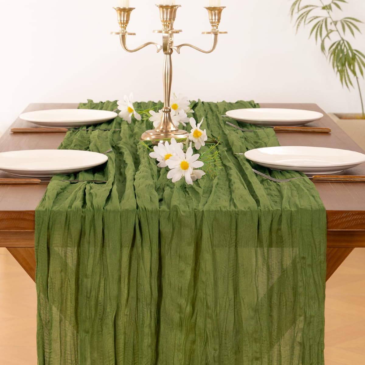 Socomi 10pcs Moss Green Fall Thanksgiving Cheesecloth Table Runner Boho Rustic Gauze 120 inch 10FT Cheese Cloth Runner for Wedding Party Baby Shower Birthday Home Decor Holiday Decorations