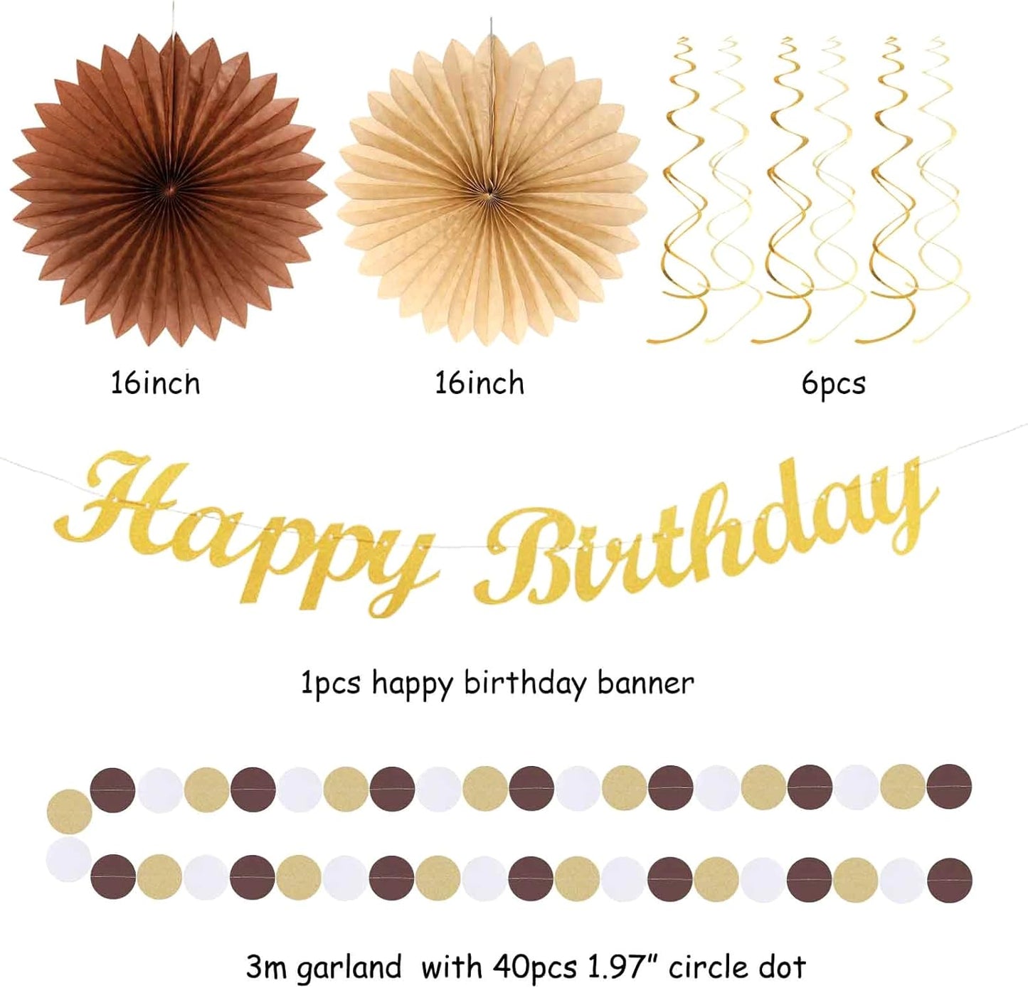 White-Brown Champagne-Gold Boho Birthday Party-Decorations - 21pcs Happy Banner,Beige Neutral Rustic Paper Lanterns Honeycomb, Hanging Streamers,Tissue Pom Poms Flower Fan,Fall Decor Supplies Huglony