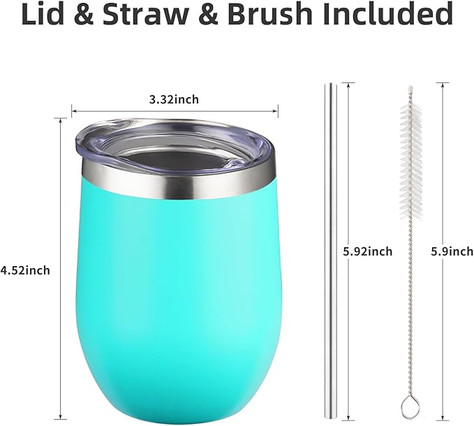 12 oz Insulated Wine Tumbler with Lid and Straw,Stainless Steel Stemless Wine Tumbler Glasses Double Wall Vacuum Wine Cups Tumbler Bulk for Champaign,Cocktail,Office(Mint Green,8)