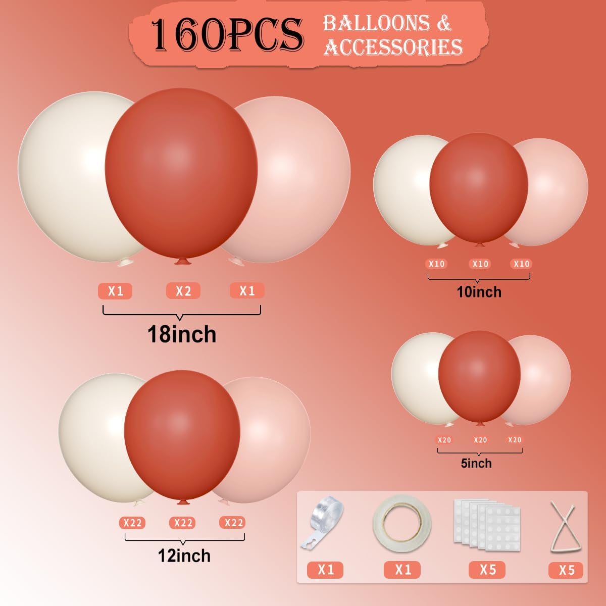 Dusty Orange White Nude Pink Balloon Garland Arch Kit, 160Pcs Boho Latex Balloons Different Size 18 12 10 5 inch for Birthday Bridal Baby Shower Gender Reveal Wedding Retirement Party