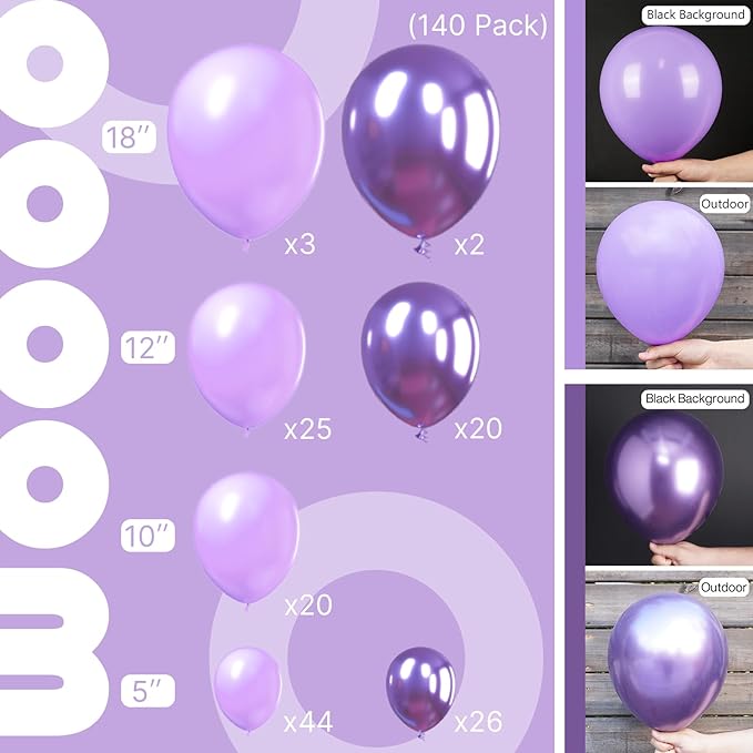 PartyWoo Purple Balloons, 140 pcs Lilac and Metallic Purple Balloons Different Sizes Pack of 18 Inch 12 Inch 10 Inch 5 Inch for Balloon Garland Balloon Arch as Birthday Decorations, Party Decorations