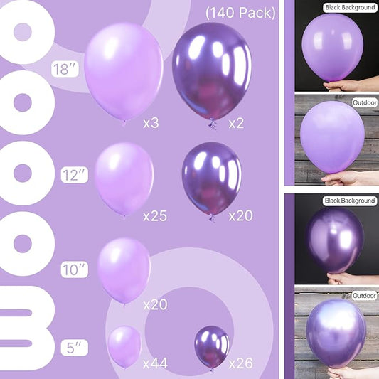 PartyWoo Purple Balloons, 140 pcs Lilac and Metallic Purple Balloons Different Sizes Pack of 18 Inch 12 Inch 10 Inch 5 Inch for Balloon Garland Balloon Arch as Birthday Decorations, Party Decorations