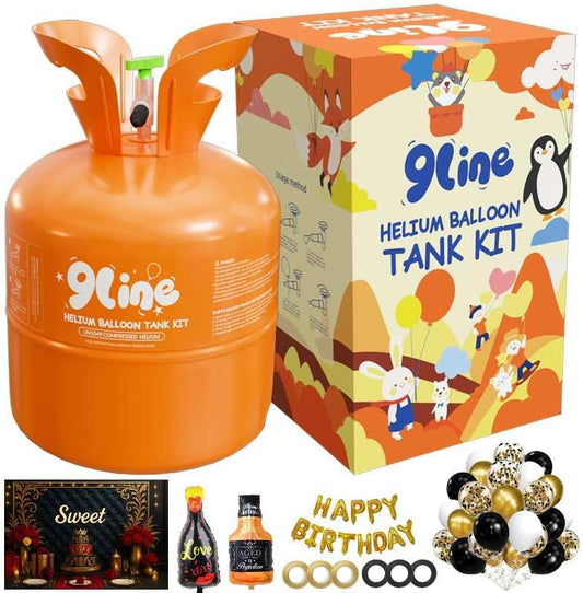 Helium Tank for Balloons At Home 13L Helium Tank, 50 Pack12-lnch Black&Gold Latex Balloons, 15 Foil Balloons, 1 Happy Birthday 5.9X3.6Ft Backdrop, 8 Accessory Tools