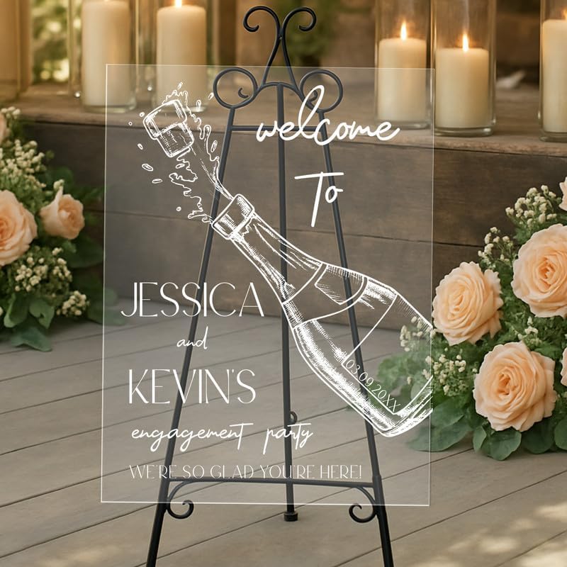 Champagne Pop Engagement Party Welcome Sign - Modern Black & White Design for Engagement Party Décor