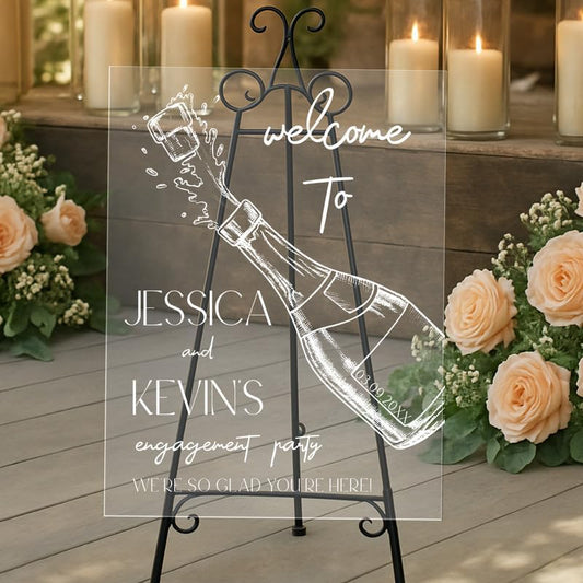 Champagne Pop Engagement Party Welcome Sign - Modern Black & White Design for Engagement Party Décor