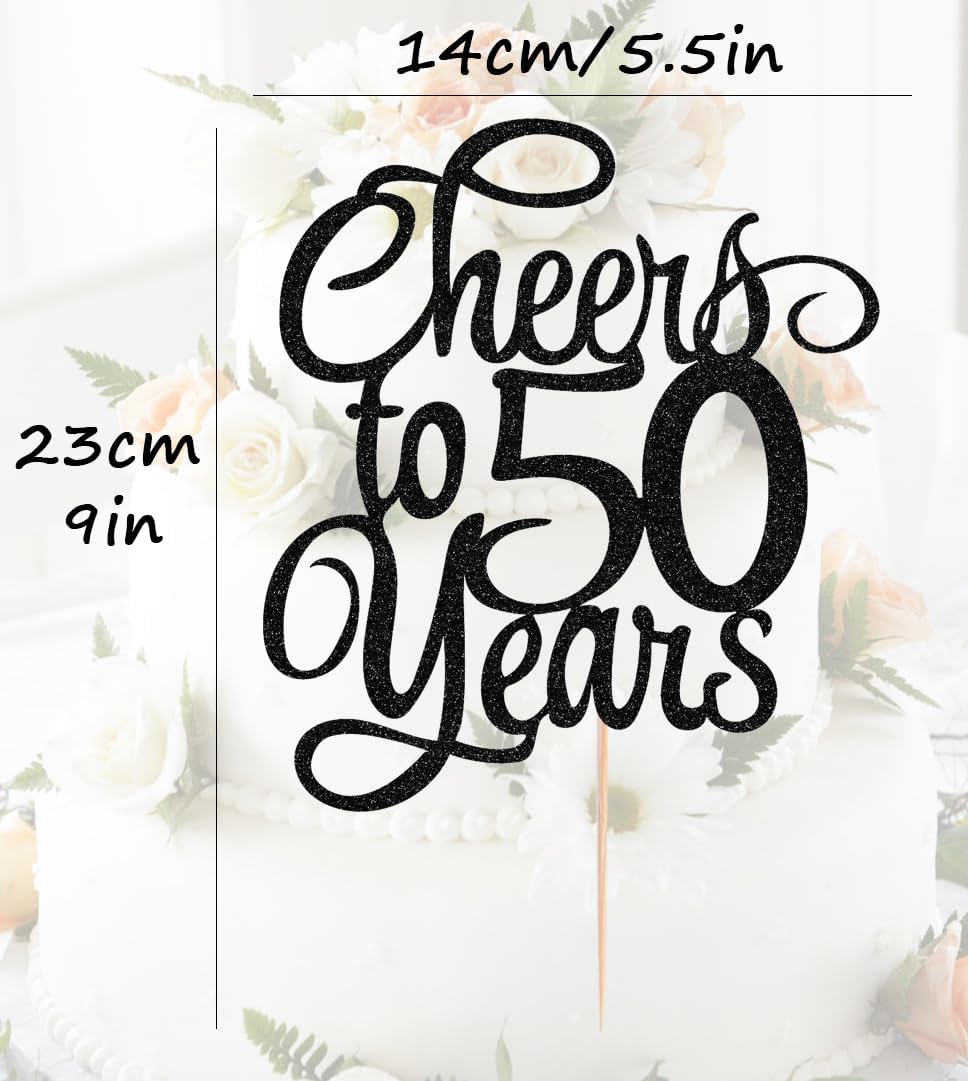 Cheers to 50 Years Cake Topper - Black Glitter 50th Birthday Cake Decorating Supplies, Perfect for 50th Anniversary or Fifty Birthday Party, Photo Booth Props