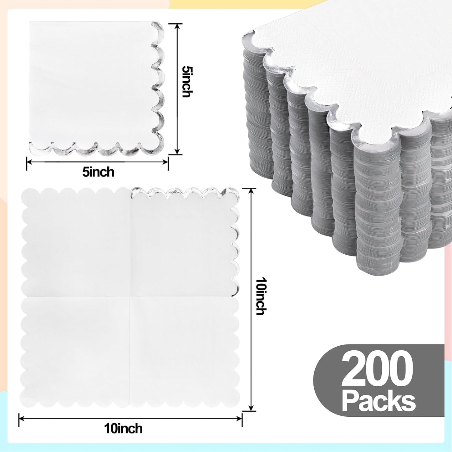 200 Pack White and Silver Paper Napkins Scalloped Cocktail Napkins White Disposable Beverage Napkins for Birthday Baby Shower Wedding Party Supplies Dinnerware Tableware Decorations