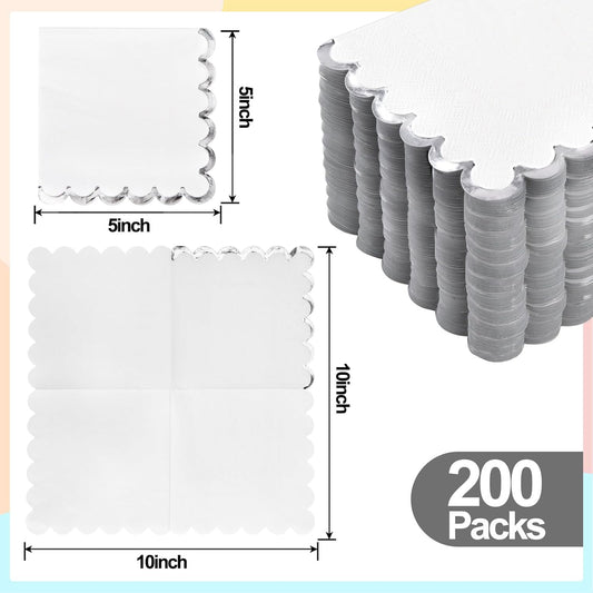 200 Pack White and Silver Paper Napkins Scalloped Cocktail Napkins White Disposable Beverage Napkins for Birthday Baby Shower Wedding Party Supplies Dinnerware Tableware Decorations