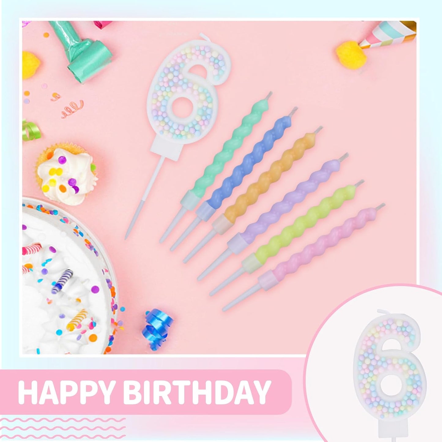 Number 6 Birthday Candles for Cake with 17 Pieces Spiral Candles with Macaron Pastel Rainbow Pink Cake Toppers for Girls Happy Birthday Party Decorations