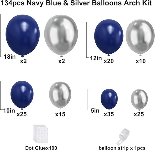 Blue and Silver Balloons Arch Garland Kit, 134pcs Navy Blue and Silver Balloons with Different Size for Birthday Party Baby Shower Graduation Class of 2025 Prom Decorations