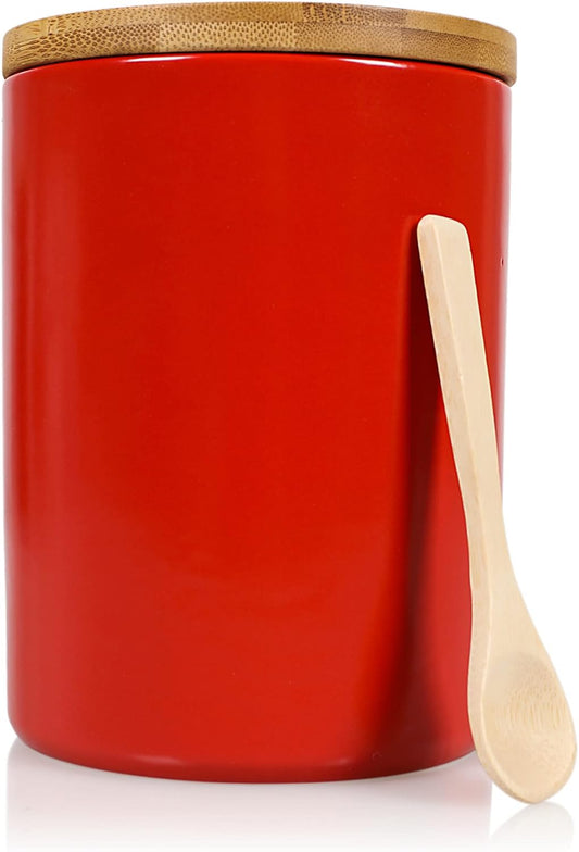 Arthausen Red Ceramic Storage Jar Canister for Flour Sugar - Airtight Bamboo Lid w/Silicone Seal, Spoon - Modern Abstract Art Design for Kitchen Counter Bathroom - 4 cup / 1080mL
