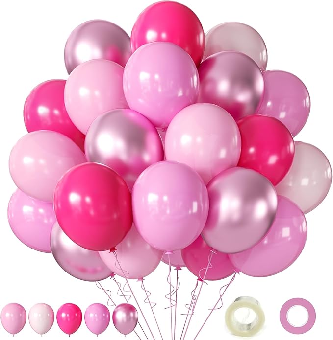 Pink Balloons Metallic Pink Balloon, 60Pcs 12Inch Chrome Deep Light Pearl Hot Pink Latex Balloons for Birthday,Wedding,Baby Shower,Galentines day Decorations