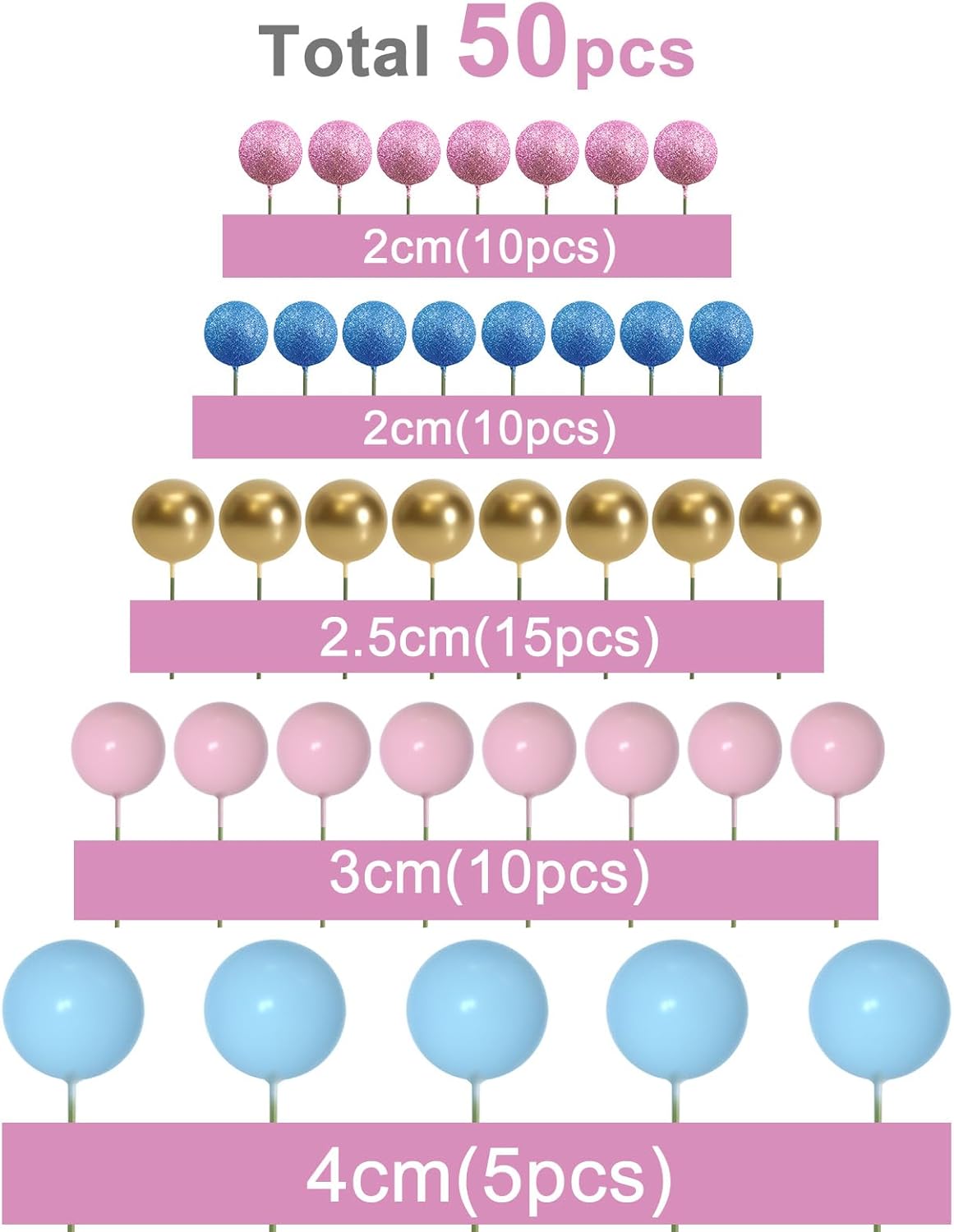 ASTARON 50 Pcs Ball Cake Topper Sticks Mini Balloons for Cake Decorating Supplies Foam Balls Cake decorations for Baby Shower Cake Birthday Cake Toppers Decorations (Pink Blue Series)