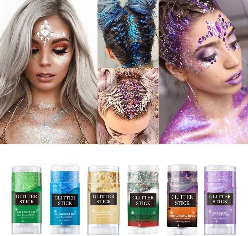 Halloween Body and Face Glitter Stick, Holographic Sparkling Neon Outfit Singer Concert Music Rave Festival Accessories Hair Glitter Gel.(Black & Orange & Purple)
