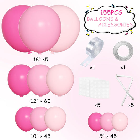 Pink Balloon Garland Arch Kit, 155 Pcs Different Shades of Pink Balloons for Girls Women Princess Birthday Bridal Baby Shower Wedding Party Decorations
