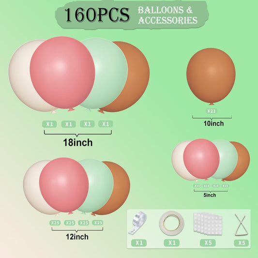 Sage Green Pink White Brown Balloons Garland Arch Kit, 160Pcs Boho Dusty Green Cherry Blossom Pink White Sand Brown Balloons for Girl Bridal Baby Shower Wedding Birthday Party Decorations