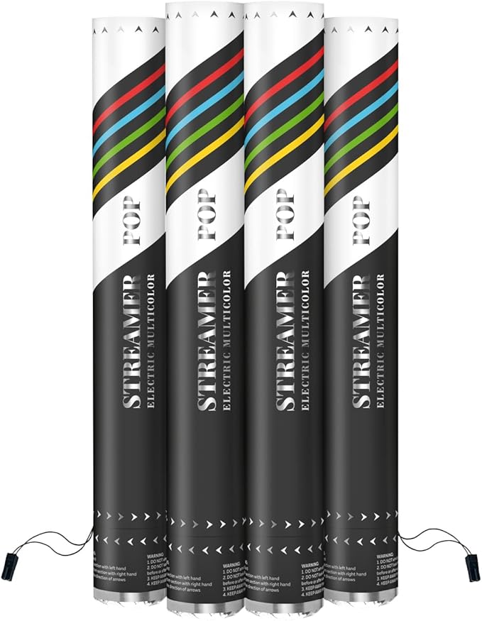 Electric Streamer Cannon Cartridges, 4 PIECES — 16" Multicolor Streamer Poppers for Weddings, Parties, Events | Requires 2-Shot/4-Shot Confetti Machine to Activate
