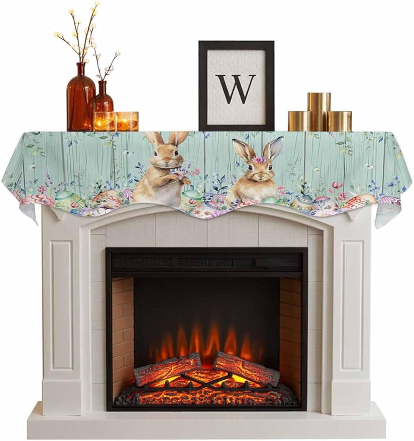 Bunny Easter Fireplace Mantel Scarf Table Runner,Eucalyptus Leaves Floral Eggs Weeping Wooden Winter Garland Mantel Top Tablerunners Dresser Scarves Cover for Windows Party Living Room 70"x17"