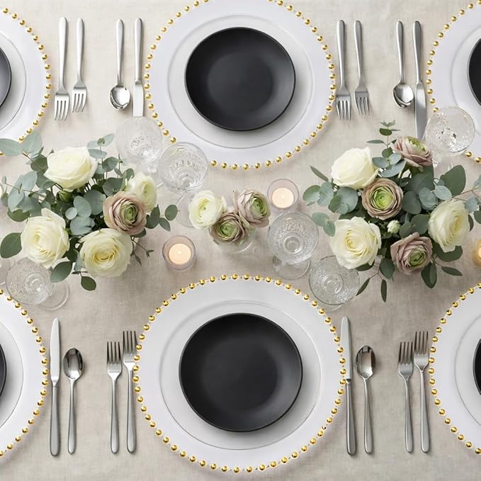 PLASTICPRO White with Gold Rim Plastic Charger Plates with Beaded Edge – Pack of 8 – 13" Elegant Round Disposable Chargers for Weddings, Events, Parties, and Dinners