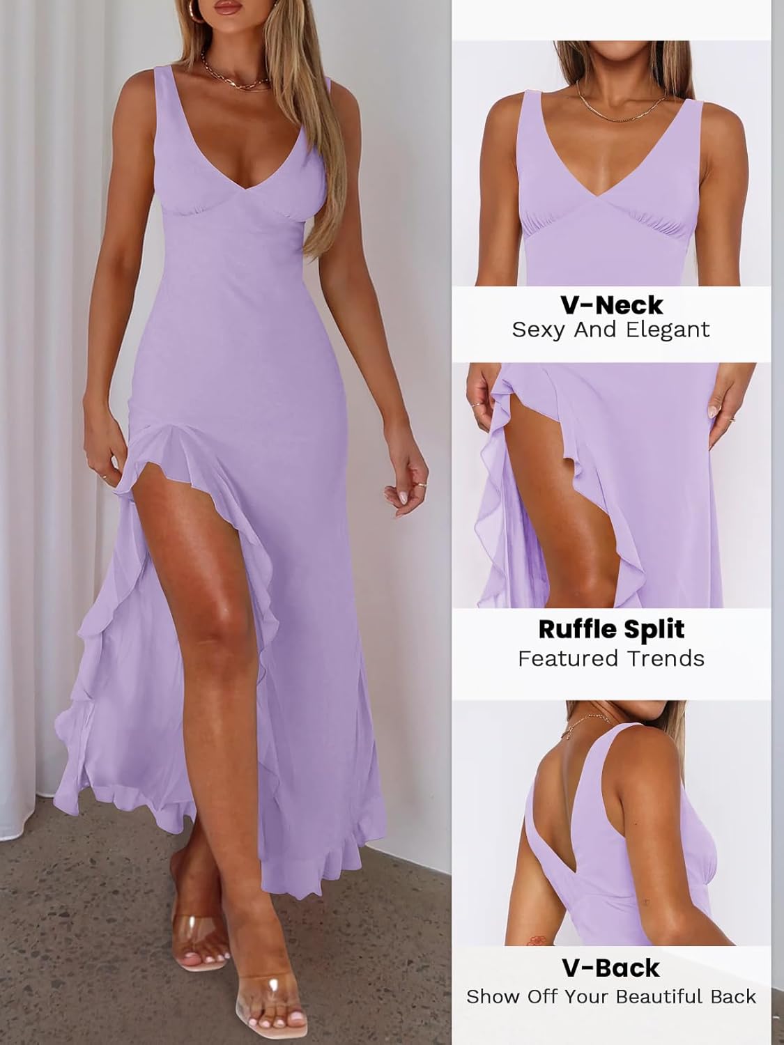 Women Sexy V Neck Sleeveless Mesh Ruffle Hem Bodycon Maxi Casual Backless High Slit Cocktail Party Dress