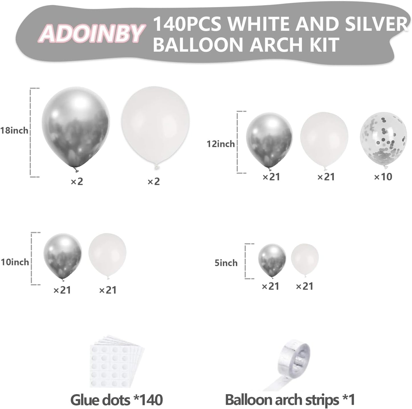 White and Silver Balloon Arch Kit, 140Pcs White Metallic Silver and Silver Confetti Party Balloon Garland Kit for Birthday, Wedding, Engagements, Baby Shower, Anniversary Party Decorations