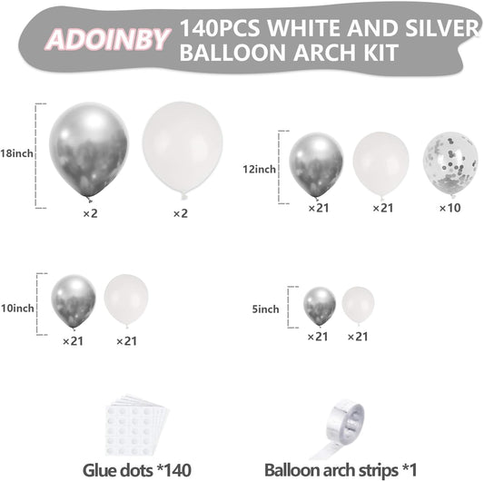 White and Silver Balloon Arch Kit, 140Pcs White Metallic Silver and Silver Confetti Party Balloon Garland Kit for Birthday, Wedding, Engagements, Baby Shower, Anniversary Party Decorations