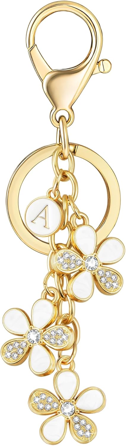 XGALBLA Cute Flower Crystals Rhinestone Initial Letter Keychain for Women, Bag Charms Bling Sparkly Enameled Keychain Handbag