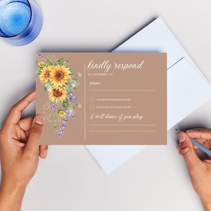 Preprinted Purple and Yellow Sunflower Wedding or Party RSVP Cards, Personalized Response Card Glossy Finish With White Envelopes, Set of 15 with Envelope, 5x3.5 inch Cards (Brown)