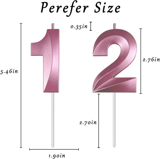 Pink Number 12 Candles, 3D Diamond 2.76 Inch Cake Topper Birthday Candles for Wedding Anniversary Cake Decorations, Happy Birthday Party Decorations