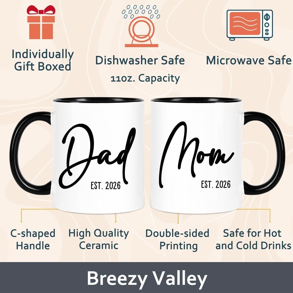 Breezy Valley Mom and Dad Mugs Est 2026, New Parents Gifts for Couples, Mom and Dad Coffee Cups 2026, First Time Expecting Parents Gifts, 11 oz Coffee Mugs Set