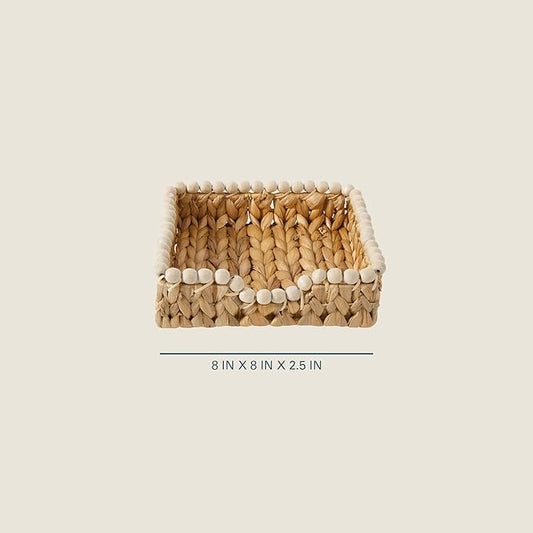 Gibson Home Riverrun Grove Woven Decorative Napkin Holder Tray – Natural Water Hyacinth Square Basket with Wood-Bead Trim for Napkins, Keys, Mail, Coffee Table Décor & Kitchen Counter Storage