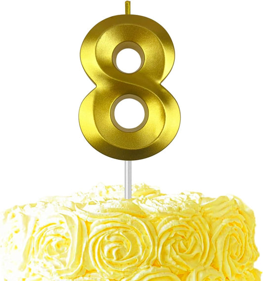 Gold Number 8 Candles, 3D Diamond 2.76 Inch Cake Topper Birthday Candles for Wedding Anniversary Cake Decorations, Happy Birthday Party Decorations