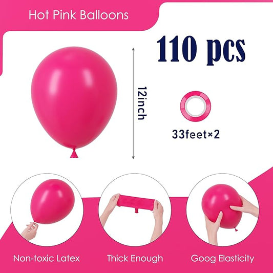110pcs Hot Pink Balloons 12inch Dark Pink Latex Party Balloons for Graduation, Wedding, Birthday, Princess Theme Party, Valentine's Day, Baby Shower, Anniversary Party Decorations