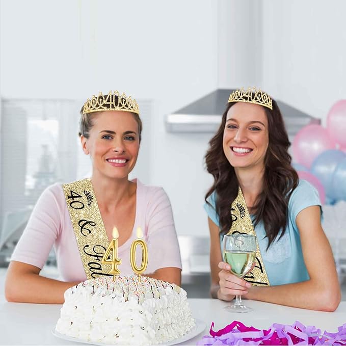 40th Birthday Decorations for Her with 40th Birthday Sash and Crown, Candles Gold, Gifts for 40 Year Old Woman