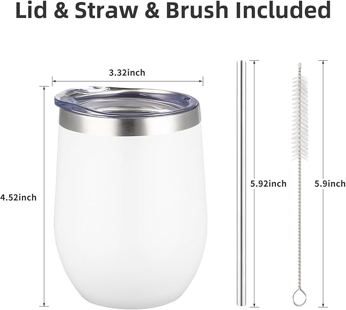 12 oz Insulated Wine Tumbler with Lid and Straw,Stainless Steel Stemless Wine Tumbler Glasses Double Wall Vacuum Wine Cups Tumbler Bulk for Coffee,Champaign,Cocktail (White,8)