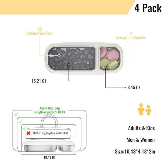 Stainless Steel Snack Containers for Kids Adults, 4 Pack 2 Compartment Metal Snack Containers Box with Lid, Reusable Food Storage Container, Leak Proof, Grab and Go