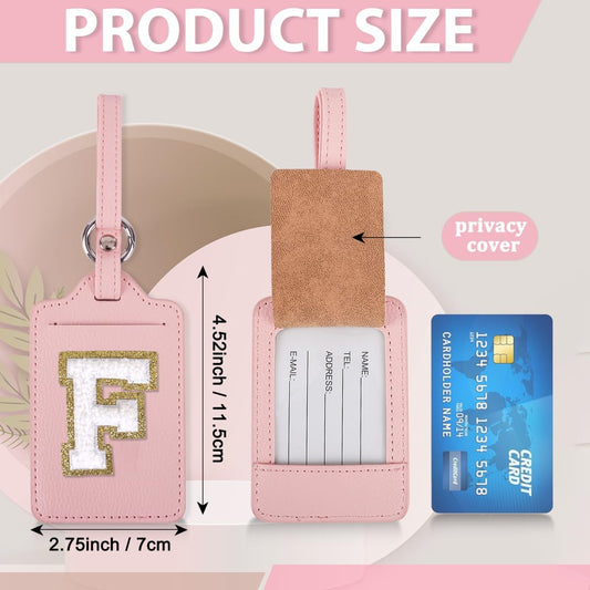 Personalized Initial Luggage Tags for Suitcases, Leather Chenille Letter Cute Luggage Tags with Privacy Name Card, Embroidered Travel Bag Backpack Tags Gifts for Women Kids Girls Teens(Pink-F)