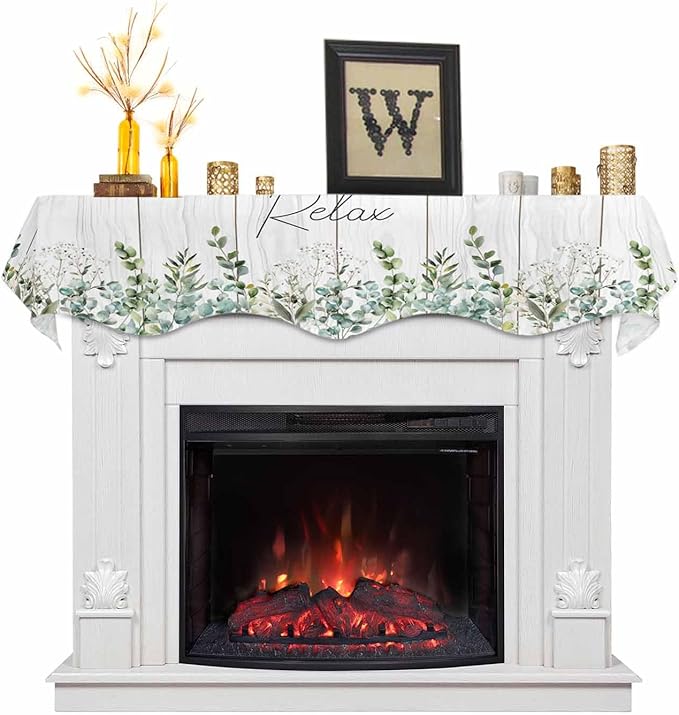 Green Eucalyptus Leaves Fireplace Mantel Scarf Table Runner, Summer Botanical Vintage Wooden Winter Garland Mantel Top Tablerunners Dresser Scarves Decorations for Windows Party Living Room 60''x17''
